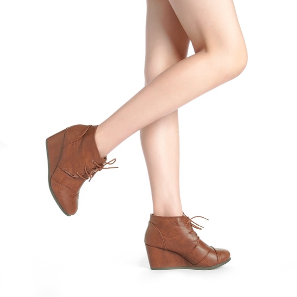 Lace Up Low Wedge Booties - TAN PU - 1